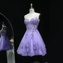 Lavender Lace Appliqué Tulle Homecoming Dress with Spaghetti Straps — view 9