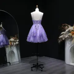 Lavender Lace Appliqué Tulle Homecoming Dress with Spaghetti Straps — view 12