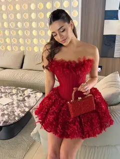 Red Strapless Corset 3D Flower Mini Short Homecoming Dress — view 5