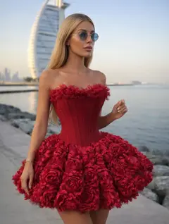 Red Strapless Corset 3D Flower Mini Short Homecoming Dress — view 7