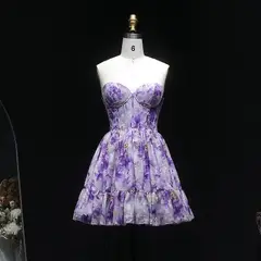 Sweetheart Lilac Floral Print Chiffon Mini Homecoming Dress with Corset Bodice — view 5