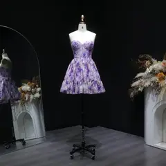 Sweetheart Lilac Floral Print Chiffon Mini Homecoming Dress with Corset Bodice — view 6
