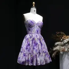 Sweetheart Lilac Floral Print Chiffon Mini Homecoming Dress with Corset Bodice — view 7