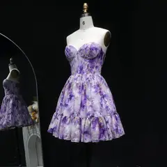 Sweetheart Lilac Floral Print Chiffon Mini Homecoming Dress with Corset Bodice — view 8