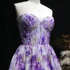 Sweetheart Lilac Floral Print Chiffon Mini Homecoming Dress with Corset Bodice — view 9