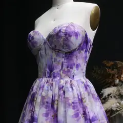Sweetheart Lilac Floral Print Chiffon Mini Homecoming Dress with Corset Bodice — view 10
