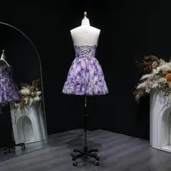 Sweetheart Lilac Floral Print Chiffon Mini Homecoming Dress with Corset Bodice — view 11