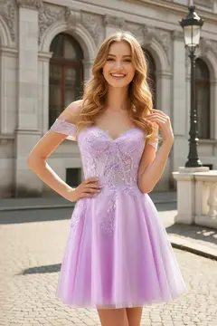 Lavender Tulle Off-Shoulder Lilac Mini Homecoming Dress — view 2