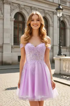 Lavender Tulle Off-Shoulder Lilac Mini Homecoming Dress — view 3