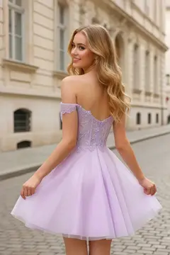 Lavender Tulle Off-Shoulder Lilac Mini Homecoming Dress — view 4
