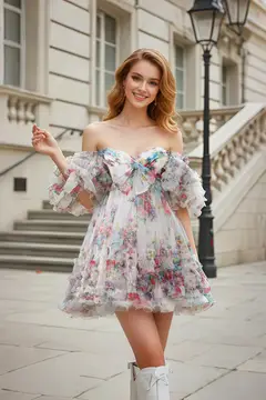 Floral Print Chiffon Off-Shoulder A-Line Mini Homecoming Dress — view 1