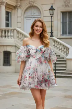 Floral Print Chiffon Off-Shoulder A-Line Mini Homecoming Dress — view 3