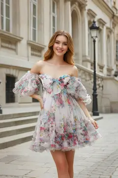 Floral Print Chiffon Off-Shoulder A-Line Mini Homecoming Dress — view 4
