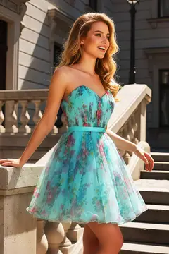 Turquoise Tulle Sweetheart Floral Print Mini Homecoming Dress — view 3