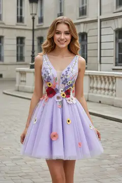 Lavender Tulle Fit-and-Flare Mini Homecoming Dress — view 1