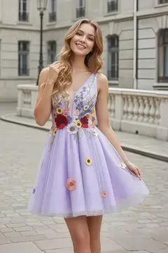 Lavender Tulle Fit-and-Flare Mini Homecoming Dress — view 3