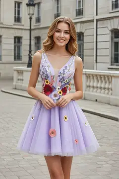 Lavender Tulle Fit-and-Flare Mini Homecoming Dress — view 4