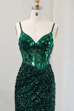 Emerald Green Sequin Sheath Lace-Up Homecoming Dress — view 6