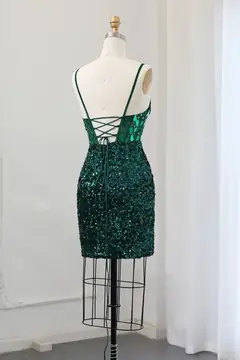 Emerald Green Sequin Sheath Lace-Up Homecoming Dress — view 10