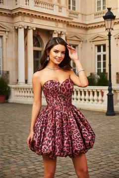 Leopard Print Strapless Mini Ballgown Homecoming Dress — view 4