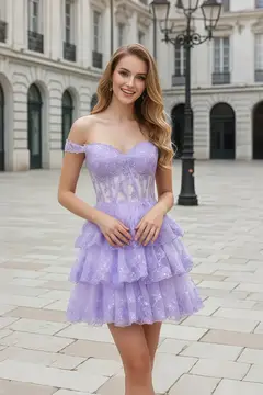 Lavender Sequin Tiered Ballgown Lilac Homecoming Dress — view 1