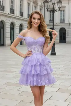 Lavender Sequin Tiered Ballgown Lilac Homecoming Dress — view 2