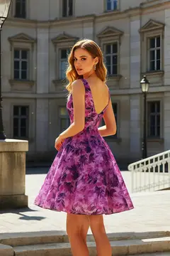 Purple Floral A-Line Open Back Homecoming Dress — view 3
