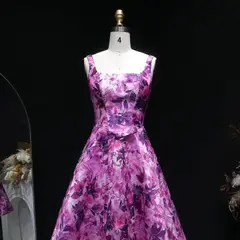 Purple Floral A-Line Open Back Homecoming Dress — view 6