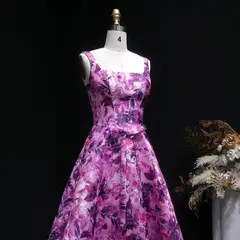 Purple Floral A-Line Open Back Homecoming Dress — view 7
