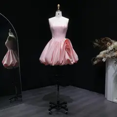 Blush Pink Strapless Satin Corset Short Homecoming Dress with 3D Ruffle Skirt — view 3