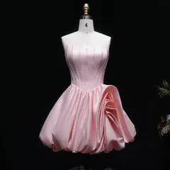 Blush Pink Strapless Satin Corset Short Homecoming Dress with 3D Ruffle Skirt — view 4