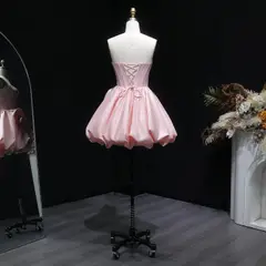Blush Pink Strapless Satin Corset Short Homecoming Dress with 3D Ruffle Skirt — view 9
