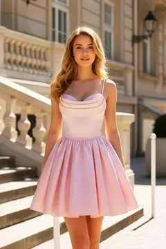 Blush Pink Satin Spaghetti Strap Mini Homecoming Dress — view 4