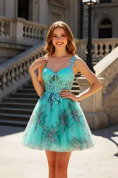 Turquoise Tulle Spaghetti Strap A-Line Mini Homecoming Dress — view 2