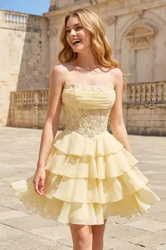 Yellow Strapless Lace Tiered Chiffon Homecoming Dress with Lace-Up Back — view 1