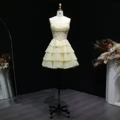 Yellow Strapless Lace Tiered Chiffon Homecoming Dress with Lace-Up Back — view 3