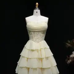 Yellow Strapless Lace Tiered Chiffon Homecoming Dress with Lace-Up Back — view 4