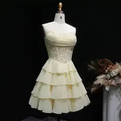 Yellow Strapless Lace Tiered Chiffon Homecoming Dress with Lace-Up Back — view 5