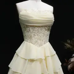Yellow Strapless Lace Tiered Chiffon Homecoming Dress with Lace-Up Back — view 6