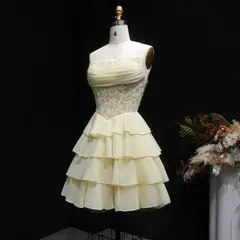 Yellow Strapless Lace Tiered Chiffon Homecoming Dress with Lace-Up Back — view 7