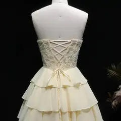 Yellow Strapless Lace Tiered Chiffon Homecoming Dress with Lace-Up Back — view 9