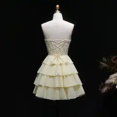 Yellow Strapless Lace Tiered Chiffon Homecoming Dress with Lace-Up Back — view 10