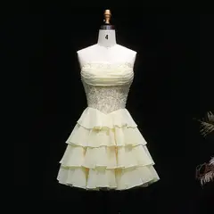 Yellow Strapless Lace Tiered Chiffon Homecoming Dress with Lace-Up Back — view 11