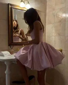 Pink Off-Shoulder Satin Mini Short Homecoming Dress — view 6