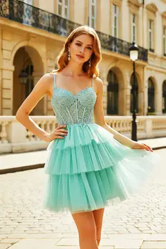 Mint Green Tiered Tulle Homecoming Dress with Lace Bodice — view 2