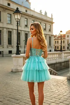Mint Green Tiered Tulle Homecoming Dress with Lace Bodice — view 3