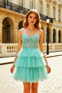 Mint Green Tiered Tulle Homecoming Dress with Lace Bodice — view 4