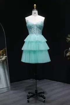Mint Green Tiered Tulle Homecoming Dress with Lace Bodice — view 5