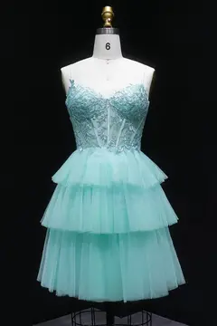 Mint Green Tiered Tulle Homecoming Dress with Lace Bodice — view 6