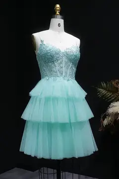 Mint Green Tiered Tulle Homecoming Dress with Lace Bodice — view 7